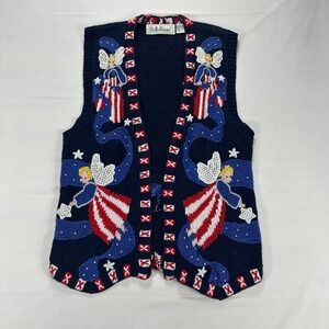 Belle Pointe‎ Sweater Vest Patriotic Angel Knit Navy Red White Womens Large